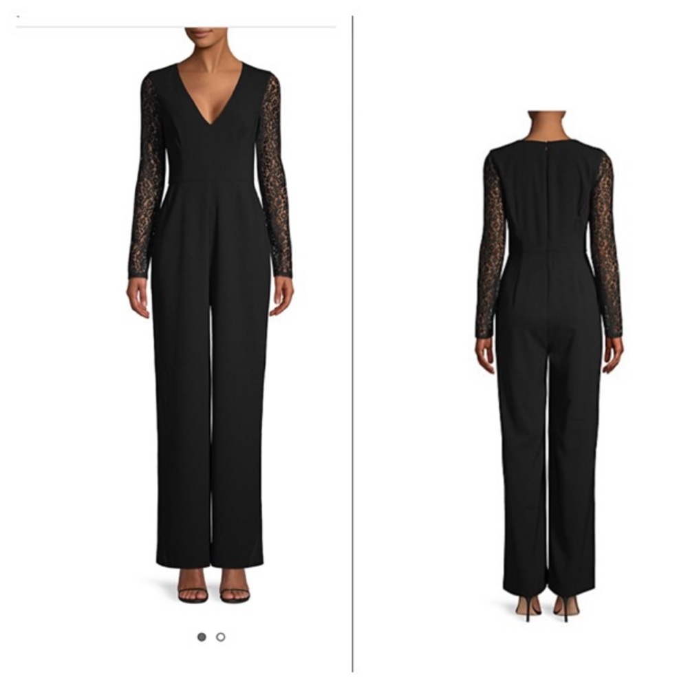 BCBGMaxAzria Black Lace-Sleeve V-Neck Jumpsuit